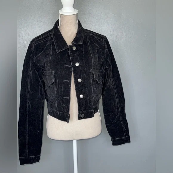 PTCL Cropped Flocked Denim Jacket in Black - Picture 2 of 5